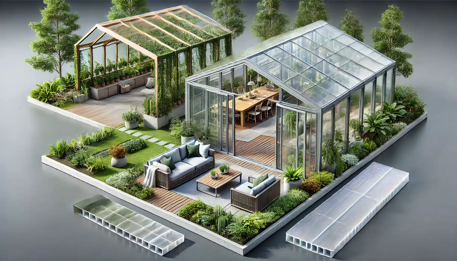 Invernadero y patio con estructuras de policarbonato, mostrando su versatilidad exterior. Láminas de usos para luz solar y resistencia a la intemperie | Acrilfrasa