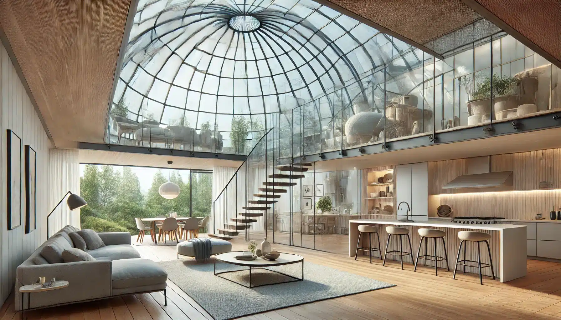 Sala y cocina modernas con domos de cristal personalizados, iluminadas naturalmente. | Acrilfrasa