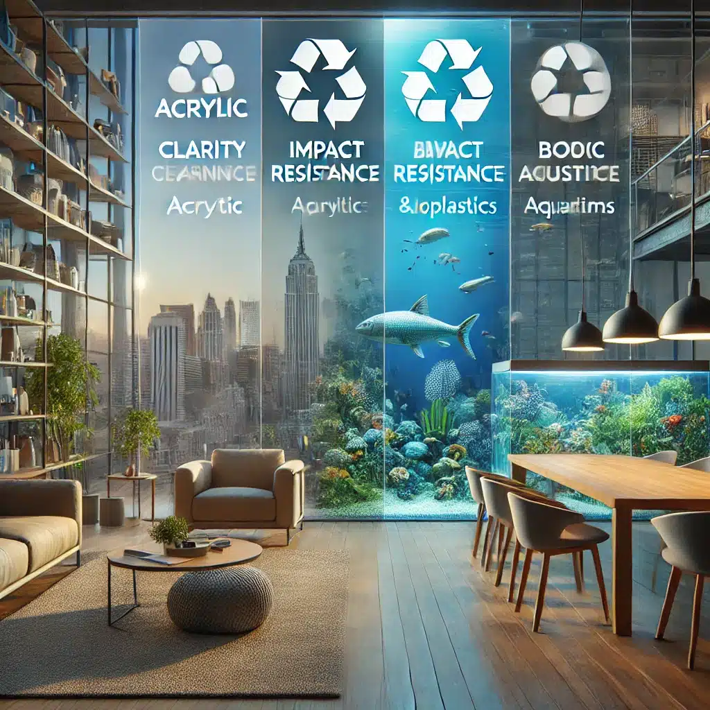 Aplicaciones de acrílico, vidrios y bioplásticos, destacando claridad, durabilidad y ecología. | Acrilfrasa