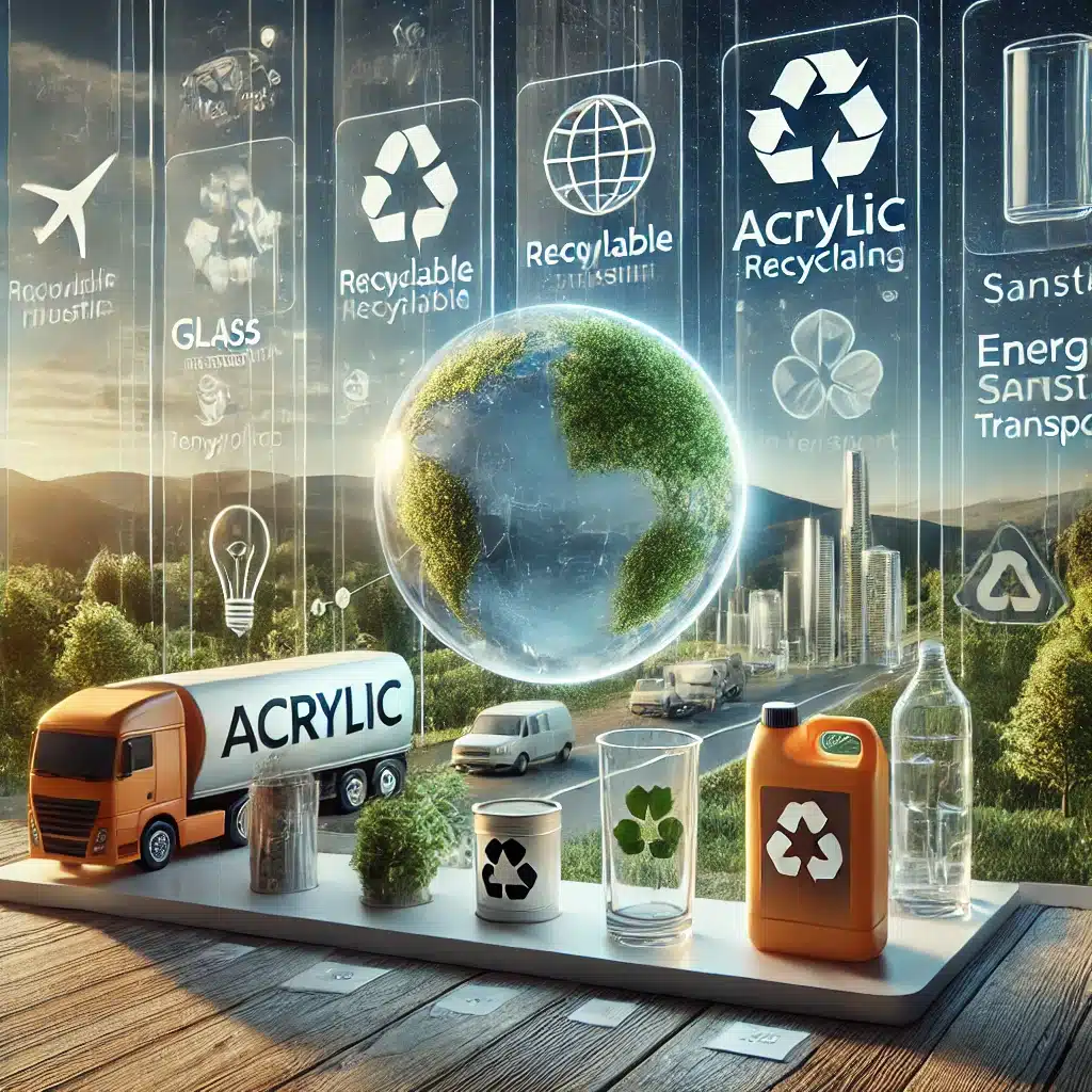 Productos de acrílico junto a vidrios y bioplásticos, mostrando su impacto ambiental. Piezas para luz tipo placas | Acrilfrasa