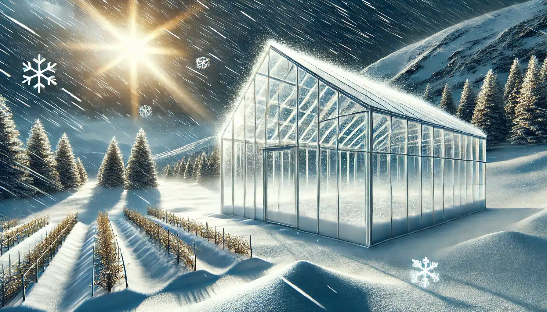 Invernadero de policarbonato bajo nieve y luz solar intensa. Techo de policarbonato con placas cubiertas | Acrilfrasa.