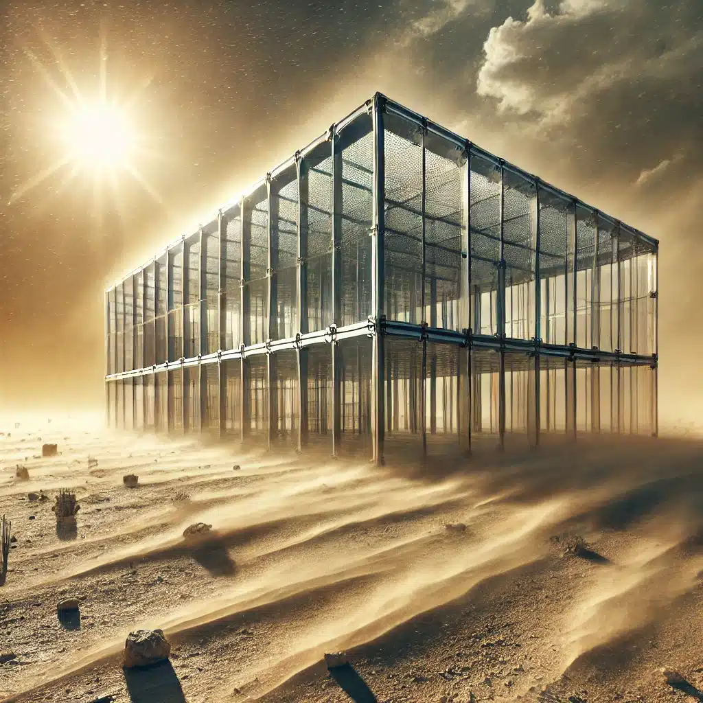 Estructura moderna con láminas de policarbonato resistente en clima extremo, reflejando luz solar y soportando vientos fuertes. Elemento plásticos o de cristal para la luz natural. | Acrilfrasa.