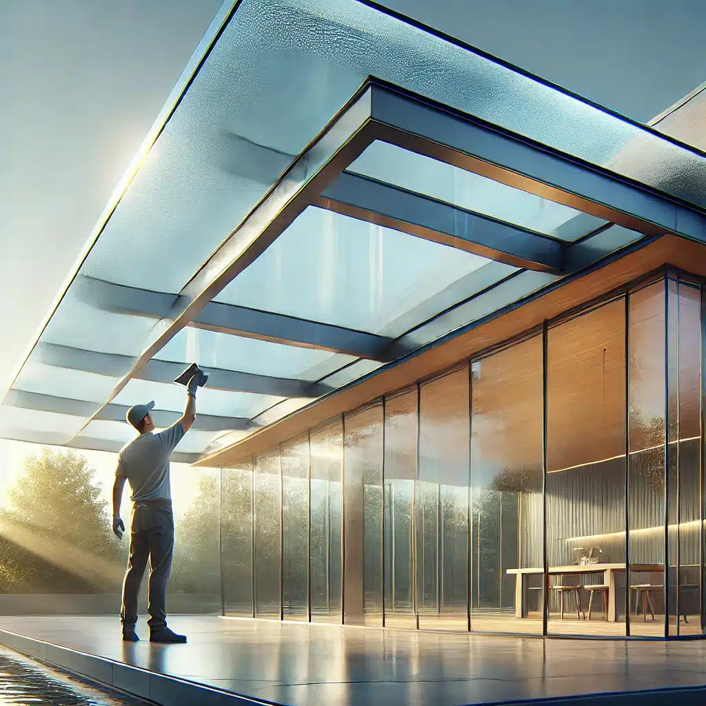 Persona limpiando techo de cristal templado bien mantenido en casa moderna, iluminada naturalmente. | Acrilfrasa