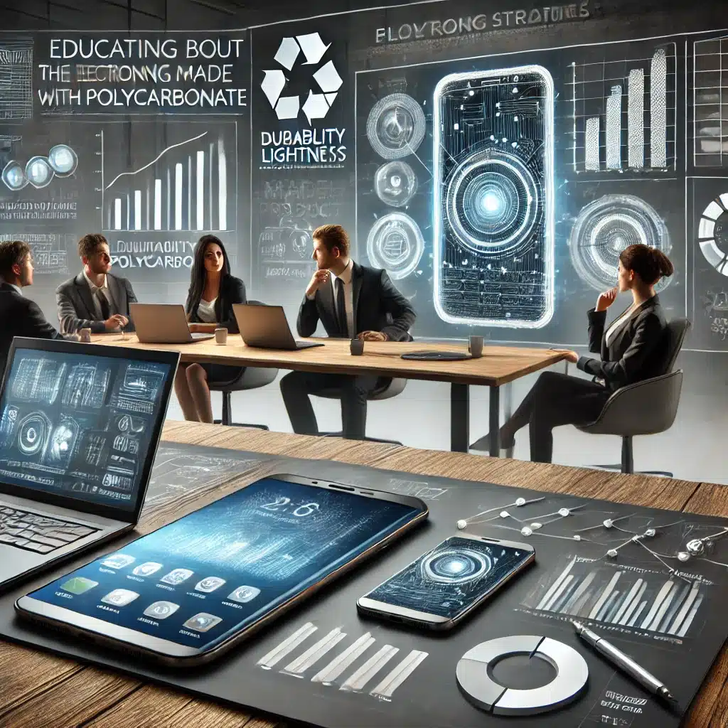 Equipo de marketing discutiendo estrategias para promover dispositivos electrónicos de policarbonato en una oficina. | Acrilfrasa.