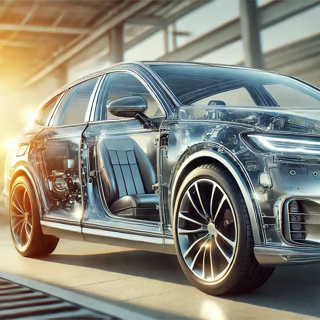 Auto moderno con parabrisas y ventanas de policarbonato, destacando su claridad y durabilidad. Compañías de policarbonatos para alta resistencia al impacto | Acrilfrasa