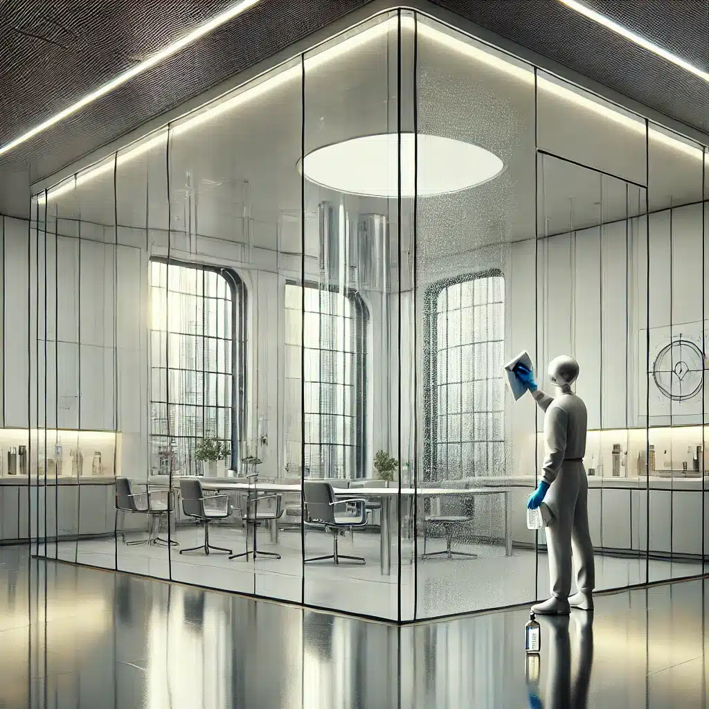 Limpieza de vidrio templado en partición interior con paño de microfibra. Fidelidad a la arquitectura en edificios | Acrilfrasa.