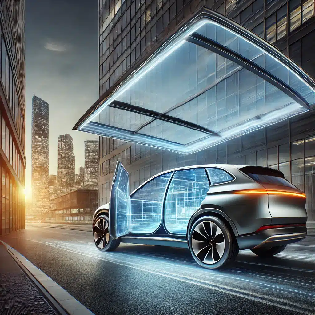 Auto moderno con techo panorámico de policarbonato y ventanas laterales resistentes a impactos. Fibra de vidrio y polipropileno para calor y autopartes | Acrilfrasa