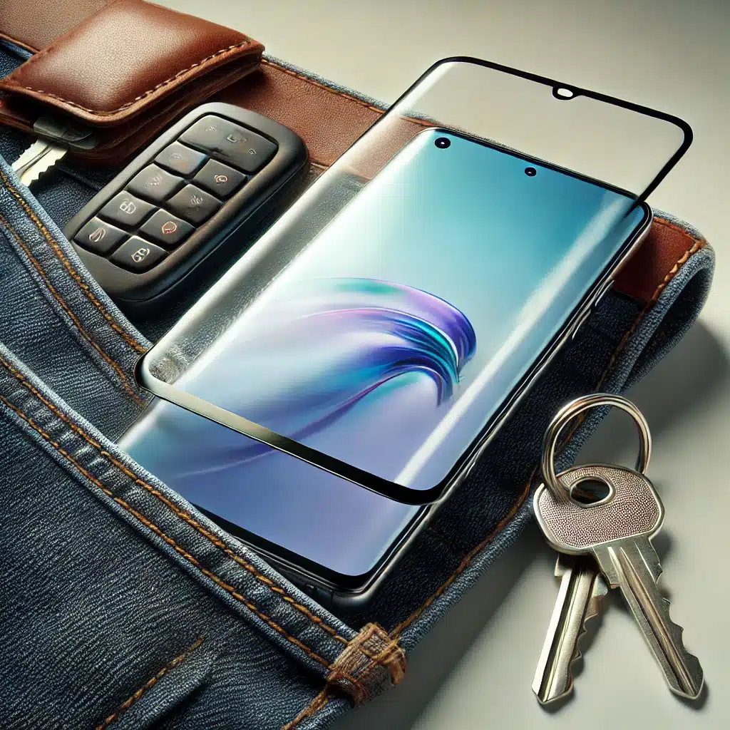 Smartphone con protector de pantalla de cristal templado en un bolsillo junto a llaves. Aplicaciones de cristal templado en tecnología y dispositivos electrónicos | Acrilfrasa.