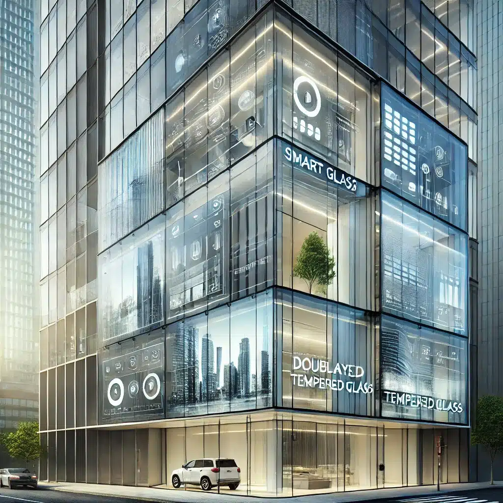 Fachada de edificio moderno con vidrio inteligente y de doble capa. Elementos de costillas en proyecto | Acrilfrasa.