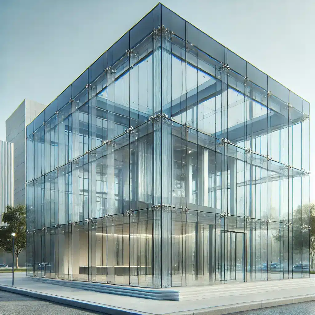 Edificio moderno con paneles de vidrio templado reflejando el entorno urbano | Acrilfrasa.