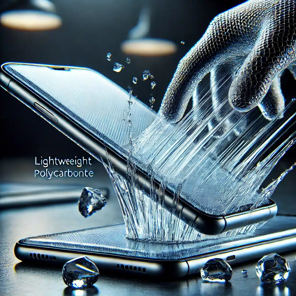 Primer plano de un smartphone y laptop de policarbonato en caída, mostrando su resistencia. Apariencia de plástico y materia prima de almacenamiento | Acrilfrasa.