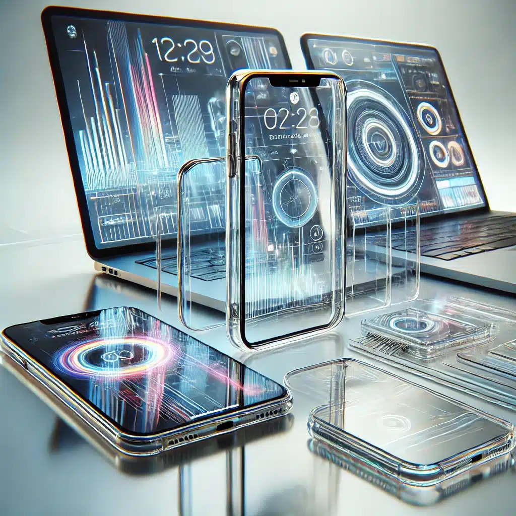 Dispositivos electrónicos modernos con carcasas y pantallas de policarbonato transparente en un entorno de alta tecnología. Compuestos de automóvil y gafas de vidrio | Acrilfrasa.