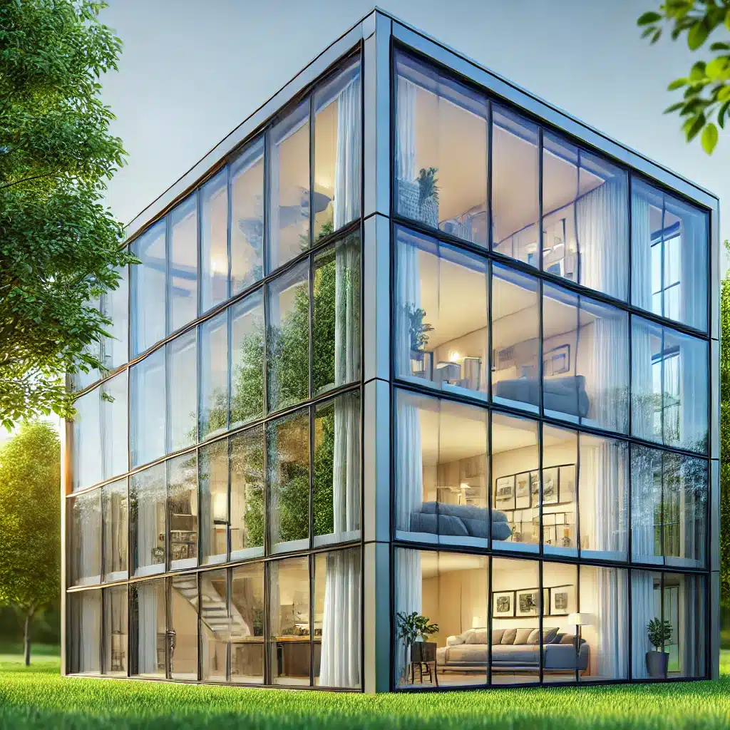 Edificio moderno con ventanas de cristal templado rodeado de vegetación, reflejando sostenibilidad y eficiencia energética. Construcción de fachadas de edificios. | Acrilfrasa.