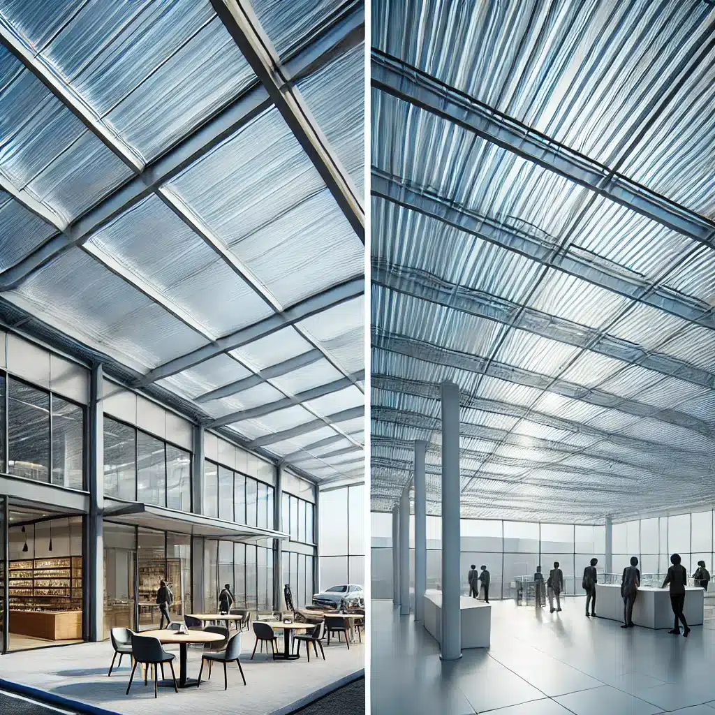 Techo de policarbonatos en edificio comercial con luz natural en el interior. Aplicaciones del policarbonato en techos de inmuebles comerciales | Acrilfrasa.