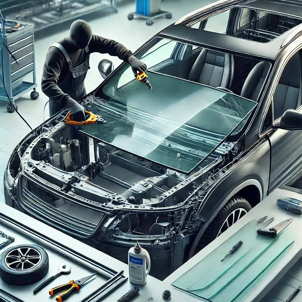 Técnico instalando cristal templados en un automóvil con herramientas y adhesivo. Mercado vidrio para automóviles material vidrio inteligente mercado del vidrio aplicaciones construcción carbonato de sodio materias primas informe arena conductor resto | Acrilfrasa.