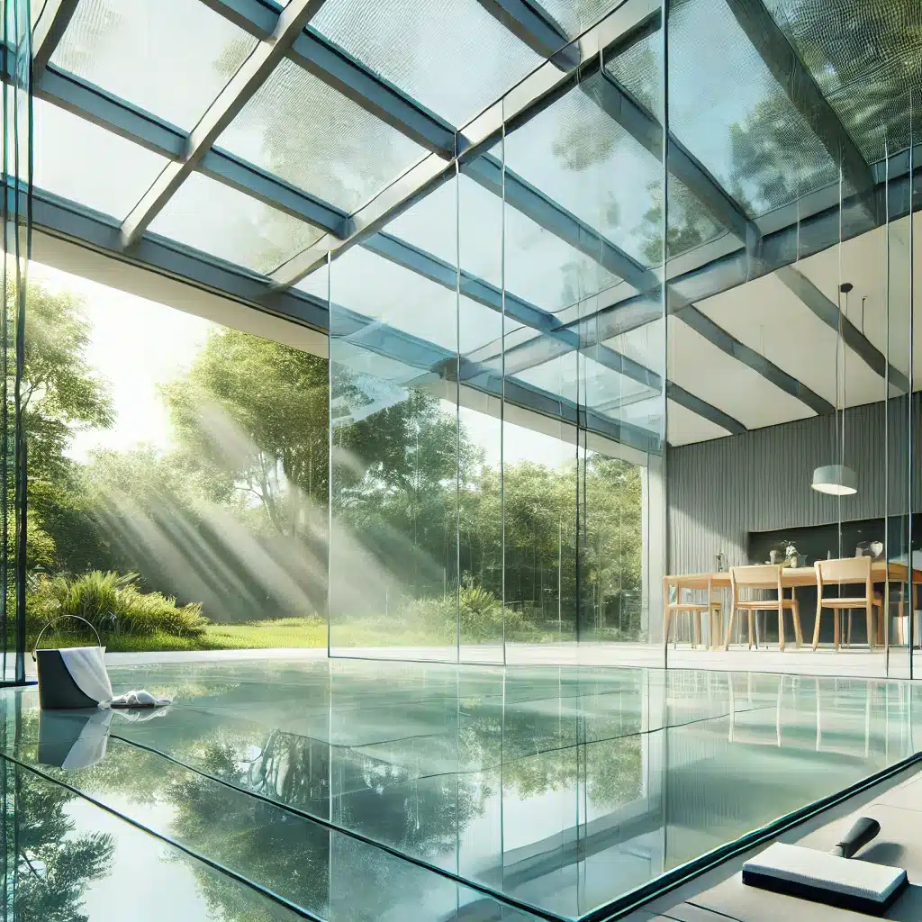Sala moderna con techado de vidrio templado, bien cuidado, con luz natural. Beneficios de cristales para edificios y proyectos | Acrilfrasa