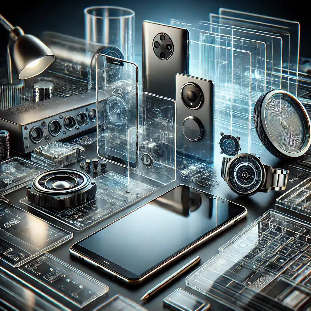 Dispositivos electrónicos modernos con pantallas y carcasas de policarbonato en un entorno que refleja la evolución tecnológica. | Acrilfrasa.