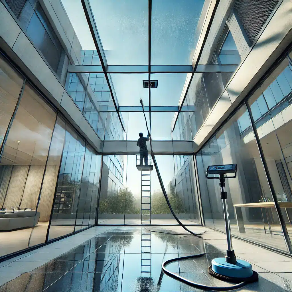Persona limpiando un techo de cristal templado en un edificio moderno. | Acrilfrasa.
