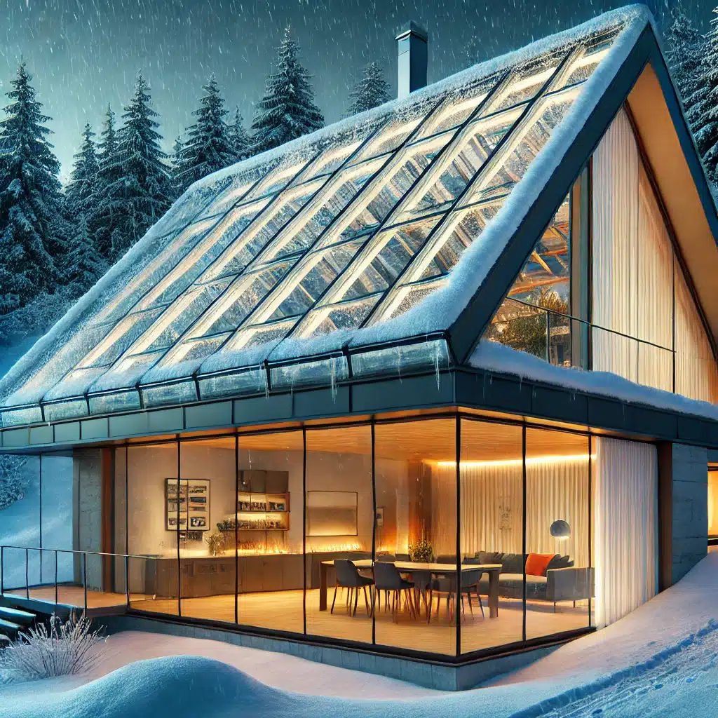 Casa con techo de cristal templado, sellos y cortinas térmicas en un entorno nevado. | Acrilfrasa
