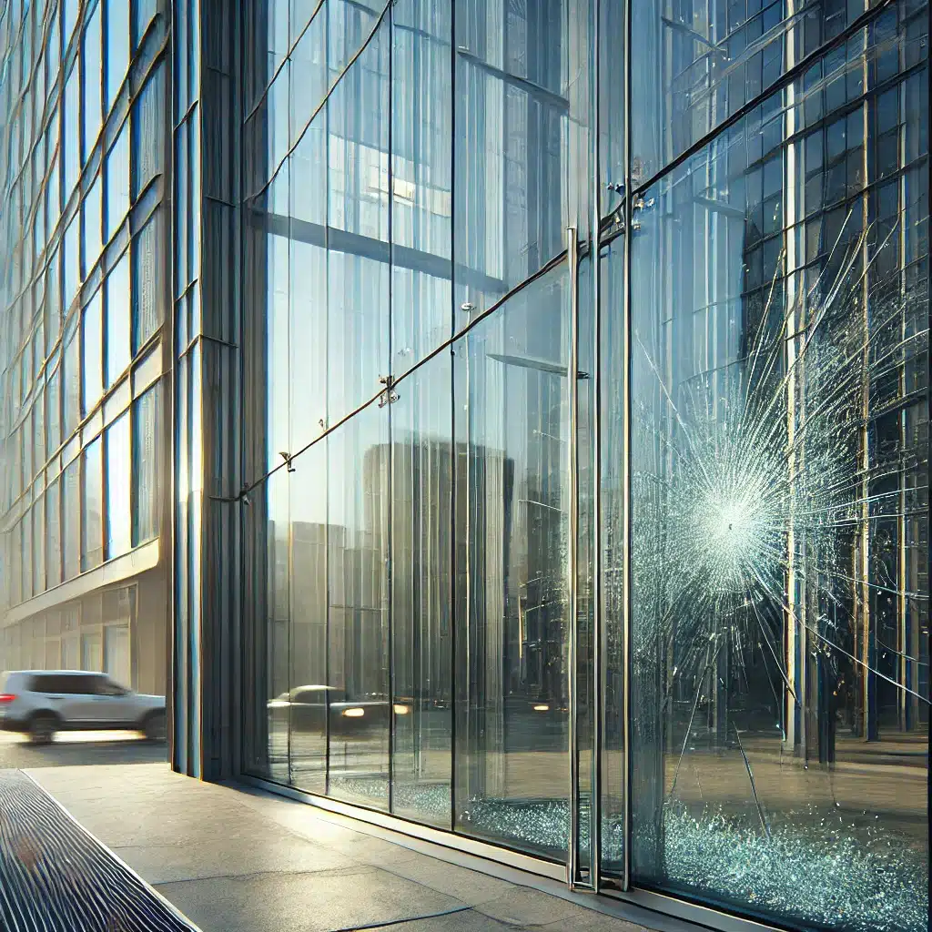 Paneles de vidrio templado en edificio moderno, mostrando resistencia y seguridad. Tipos de fabricación con capacidad de aplicaciones | Acrilfrasa.