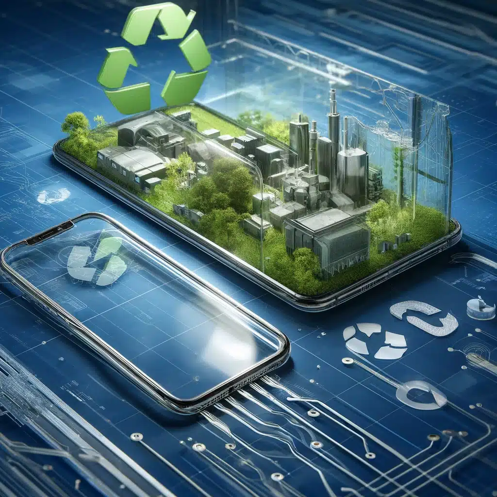 Dispositivos electrónicos de policarbonato con símbolos de reciclaje y una planta de reciclaje en el fondo. | Acrilfrasa.