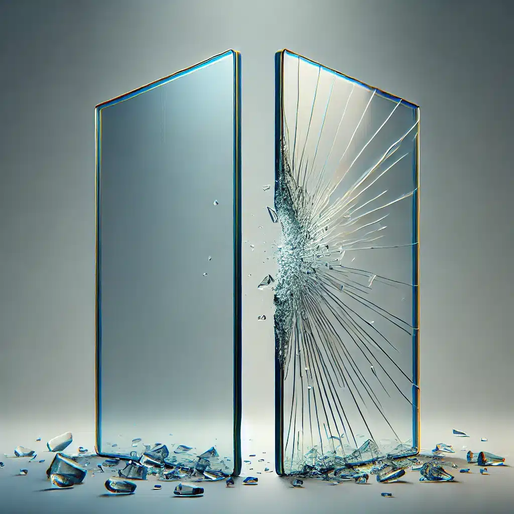 Dos paneles verticales de vidrios, uno templado y otro laminado, mostrando su resistencia y seguridad al romperse | Acrilfrasa.