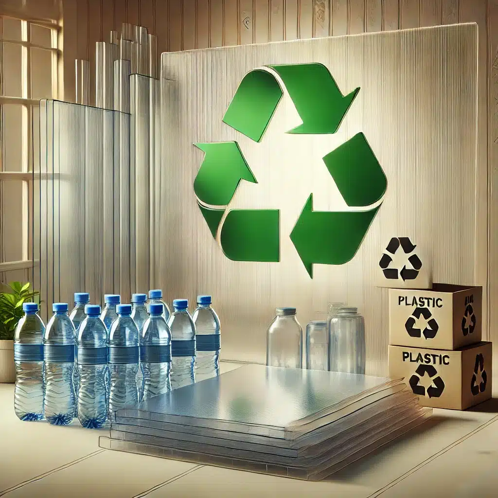 Láminas de policarbonato reciclado junto a residuos plásticos para reciclar. Placas de aislamiento térmico y luz natural | Acrilfrasa.