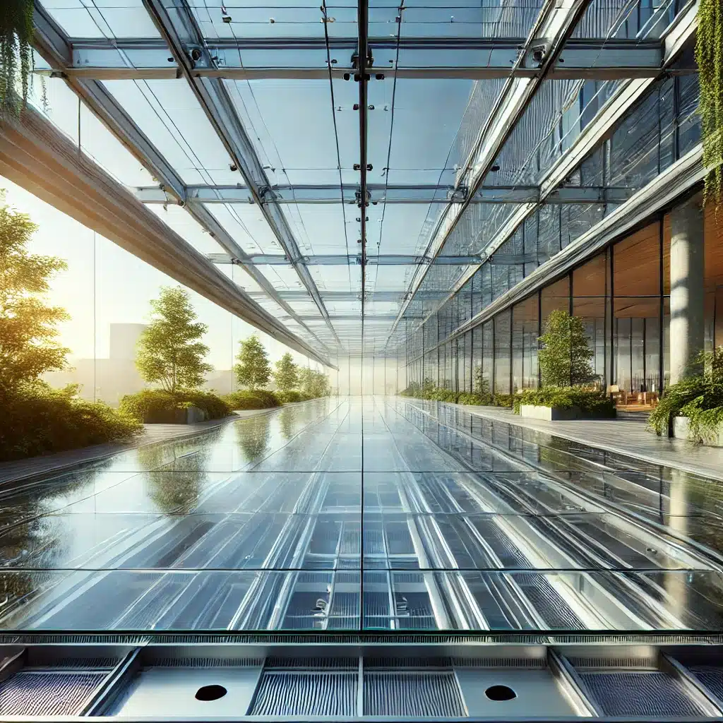 Techado de cristales templados en perfectas condiciones, reflejando el cielo. Vidrio limpieza techos protección luz natural zonas mejores prácticas eficiencia energética instalación uso construcción productos luz solar consejos radiación calentamiento materiales | Acrilfrasa.