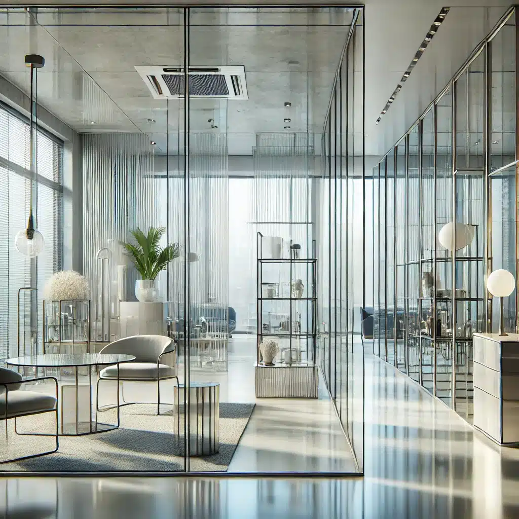 Espacio moderno con particiones y muebles de vidrio templado, resaltando diseño innovador. Paneles de niveles y borde para baño | Acrilfrasa.