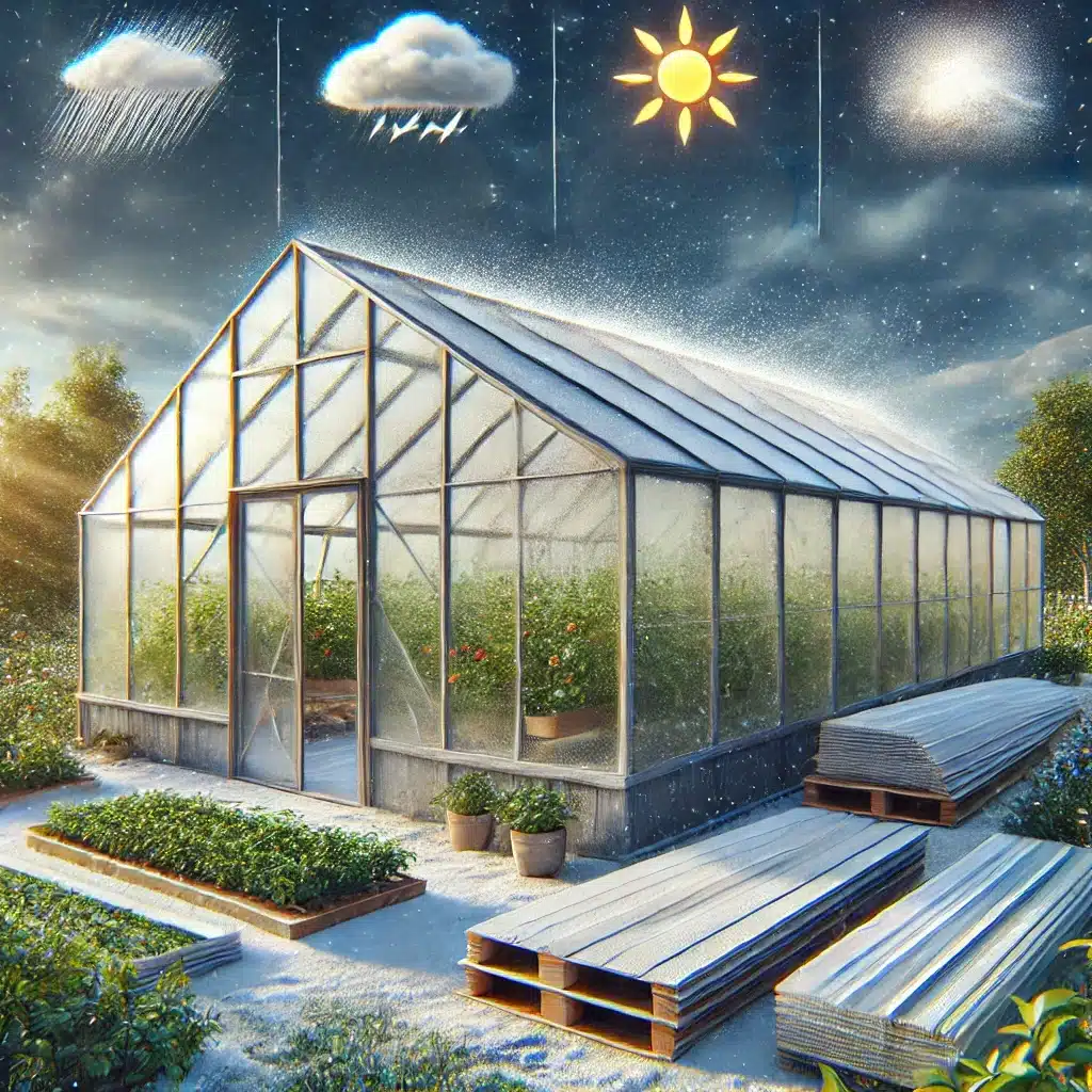 Invernadero de policarbonato soportando clima extremo con luz solar filtrada para las plantas. Innovaciones en el uso del policarbonato para invernaderos eficientes | Acrilfrasa.