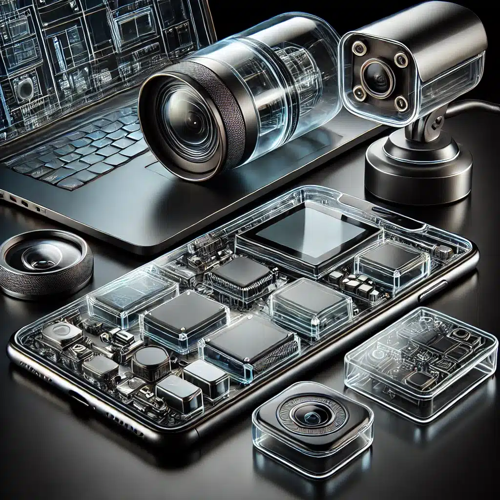 Dispositivos electrónicos como smartphone, laptop y cámara de seguridad con cubiertas de policarbonato transparente. Moldeo de objetos de efecto invernadero y separadores | Acrilfrasa.