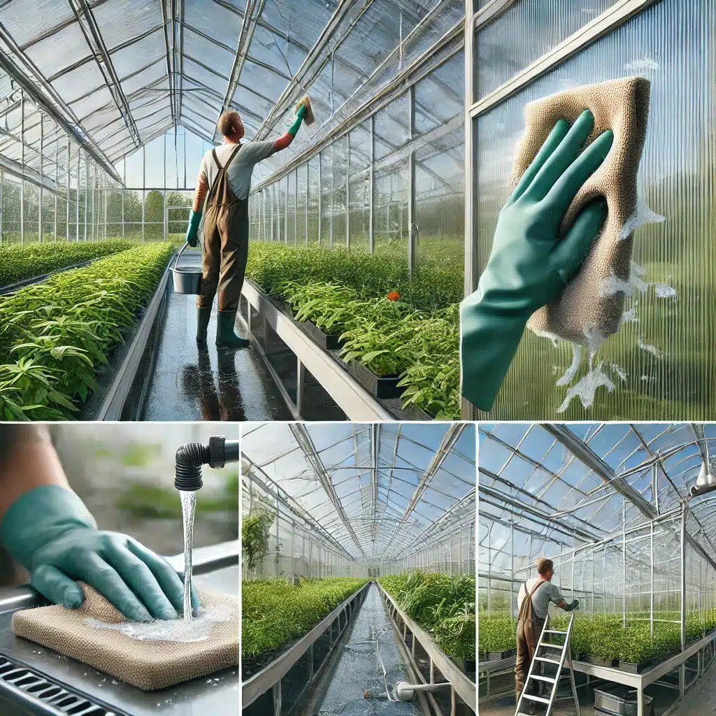 Mantenimiento de invernadero de policarbonatos, limpieza y revisión de estructura e irrigación | Acrilfrasa.