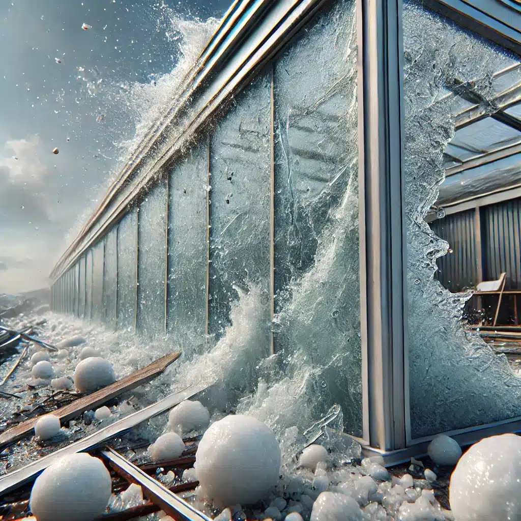 Paneles de policarbonato intactos bajo granizo y sol intenso, sin signos de desgaste. Resistencia al impacto y rayos UV con limpieza de cubiertas | Acrilfrasa.