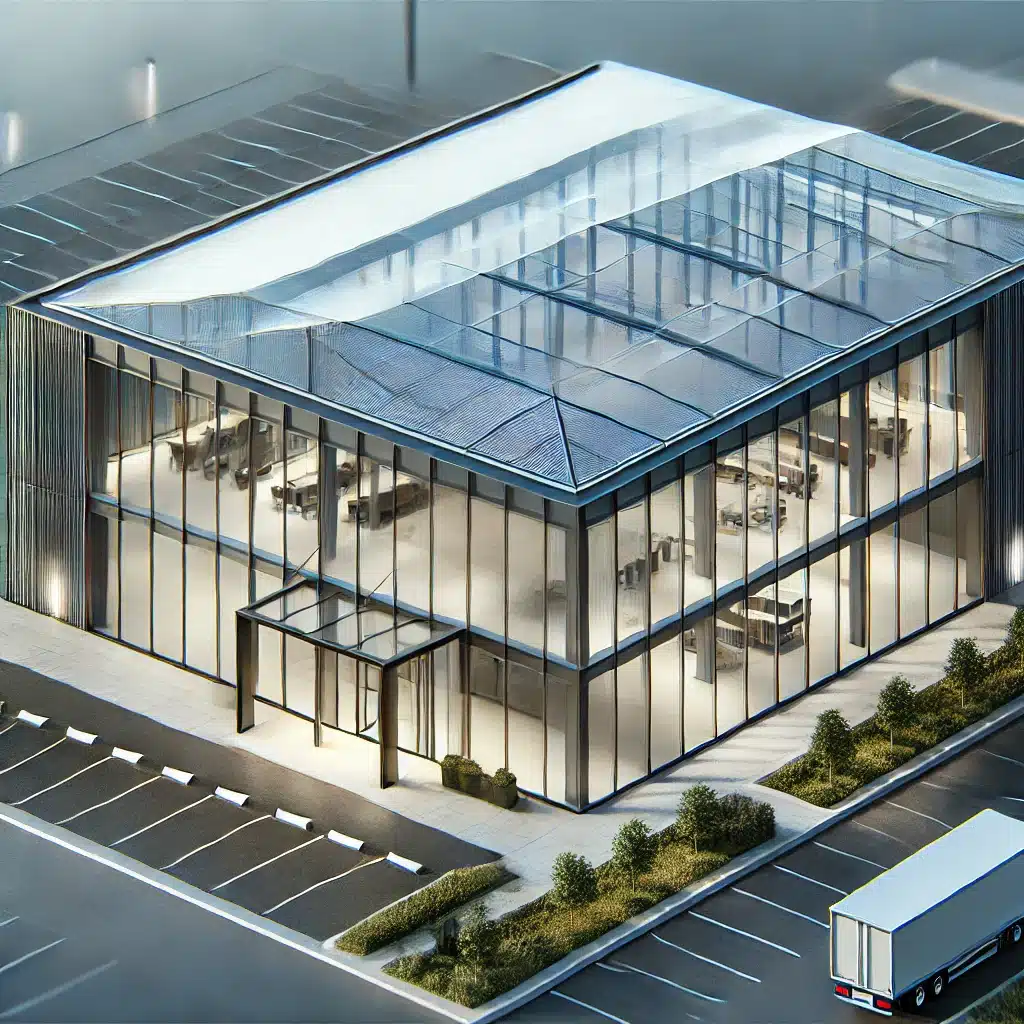 Edificio comercial moderno con techo de policarbonato translúcido, iluminado naturalmente | Acrilfrasa.