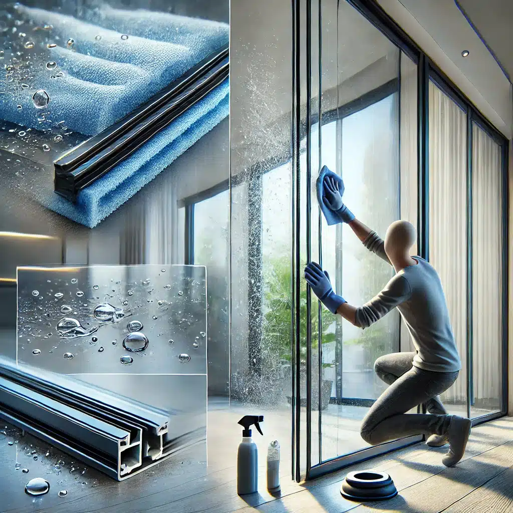 Limpieza de ventana de vidrios templado con paño suave y instalación de protectores en puerta. | Acrilfrasa