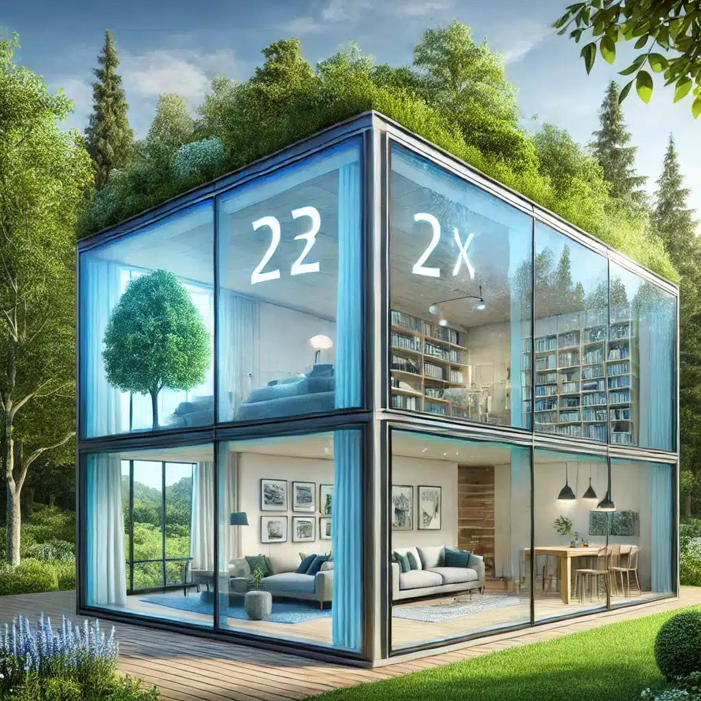 Edificio moderno con ventanas de cristal templado, rodeado de un entorno verde y sostenible. Fachadas de edificios para evitar la radiación solar | Acrilfrasa.