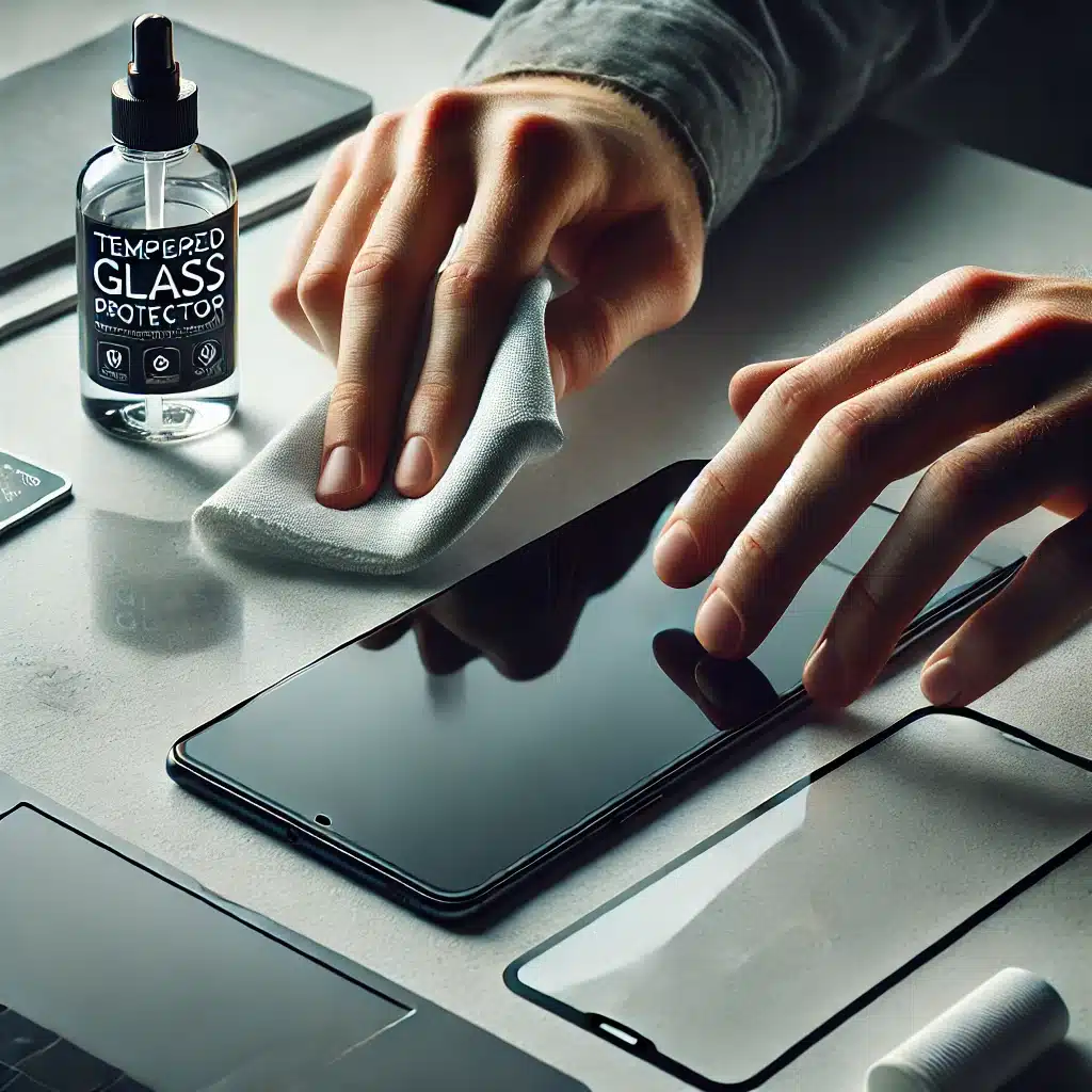 Mano limpiando la pantalla de un dispositivo antes de instalar un protector de vidrio templado, con herramientas de instalación visibles. | Acrilfrasa
