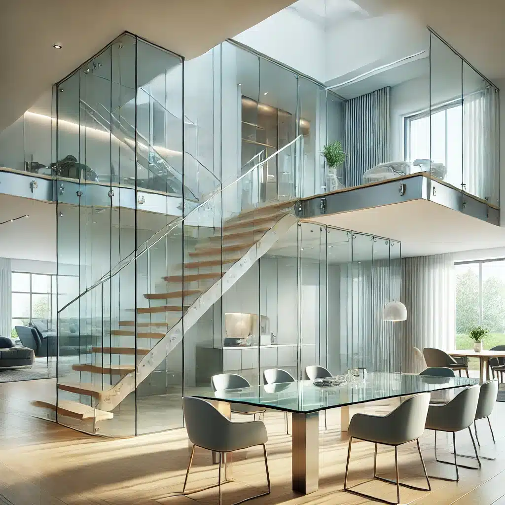 Interior moderno con mesa de vidrio, barandal de escaleras y puertas de vidrio templado. Otros proyecto para luz solar y color en construcción | Acrilfrasa.