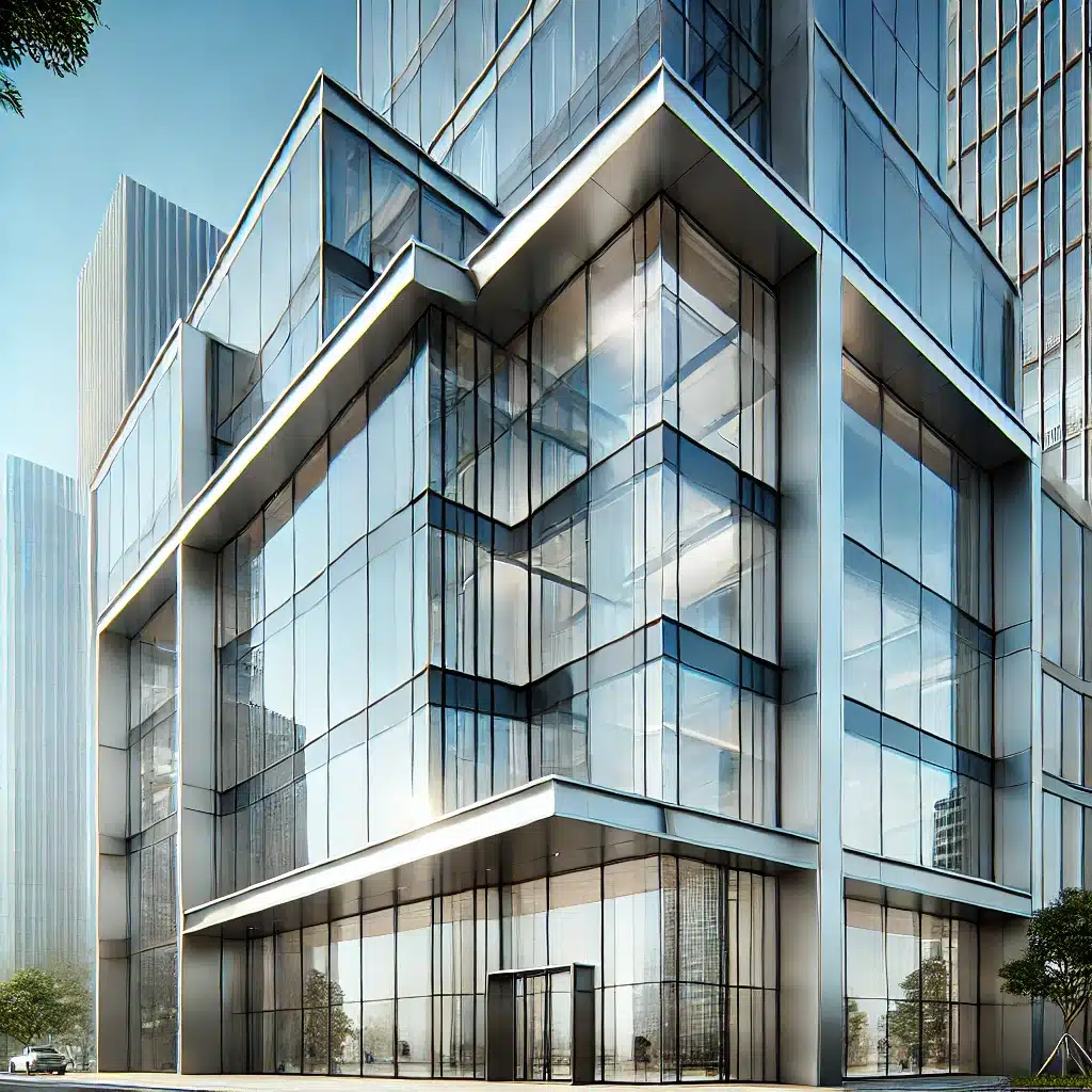 Fachada moderna con paneles de cristal templado reflejando el cielo azul | Acrilfrasa.
