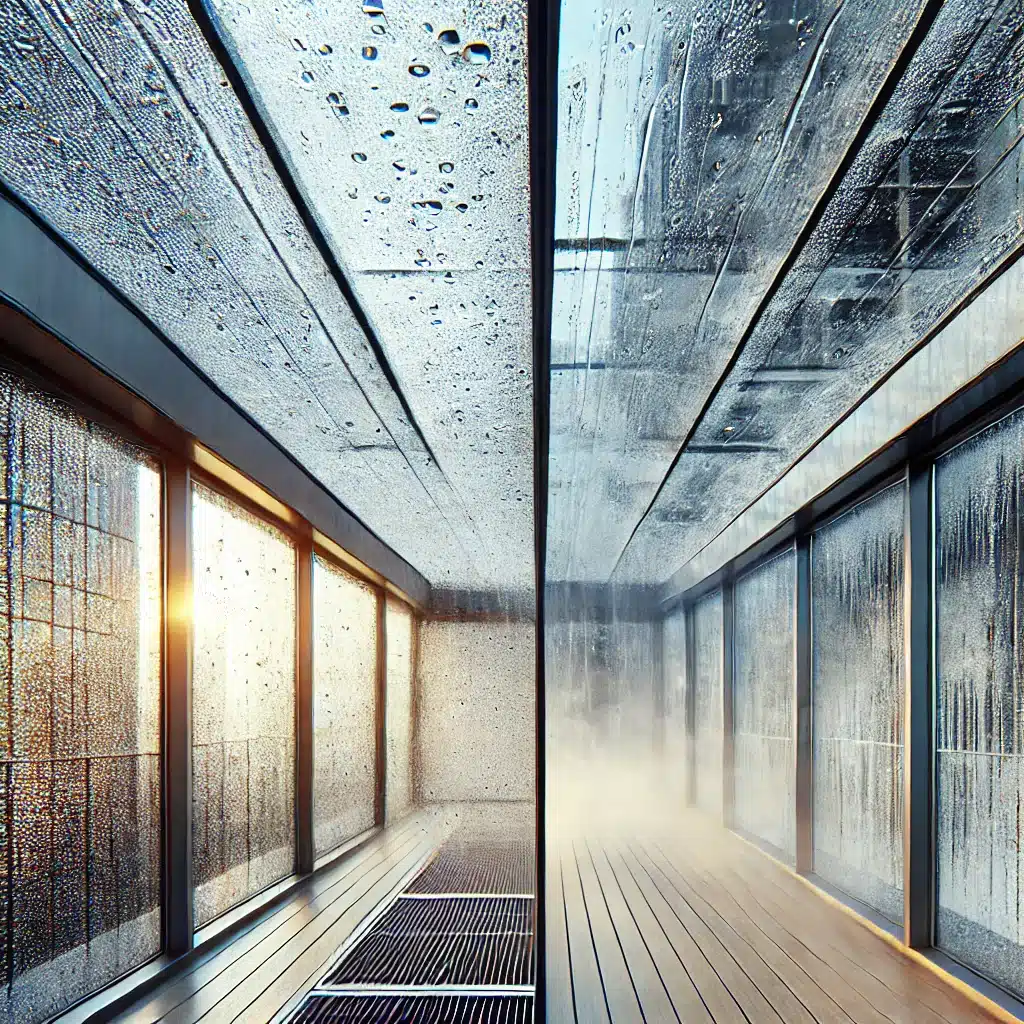 Condensacion en un techo de vidrio templado, gotas de agua visibles en la superficie interior. | Acrilfrasa