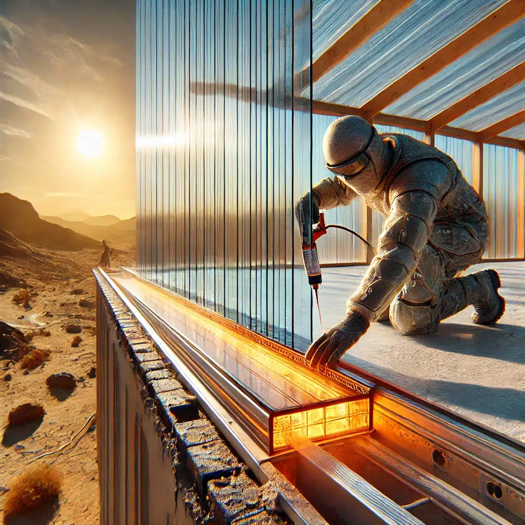 Instalación de paneles de policarbonato con espacio para expansión térmica y sellado. Problemas con protección UV de edificio y peso ligero del plástico | Acrilfrasa.