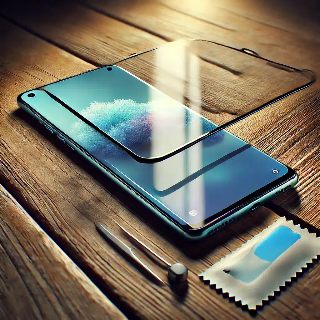 Smartphone con protector de pantalla de cristal templado aplicado sobre una mesa de madera. | Acrilfrasa.