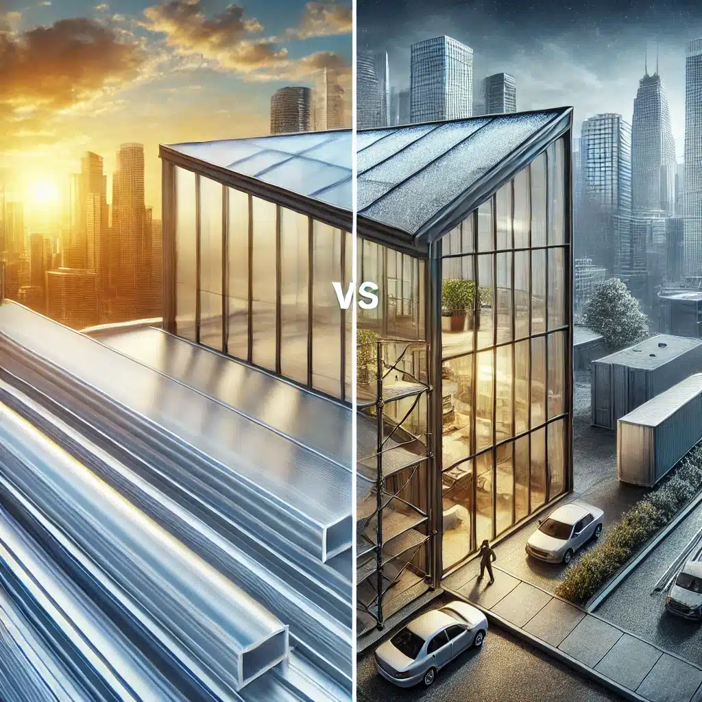 Comparación visual entre policarbonato en construcción moderna y fibra de vidrio en ambiente industrial. | Acrilfrasa