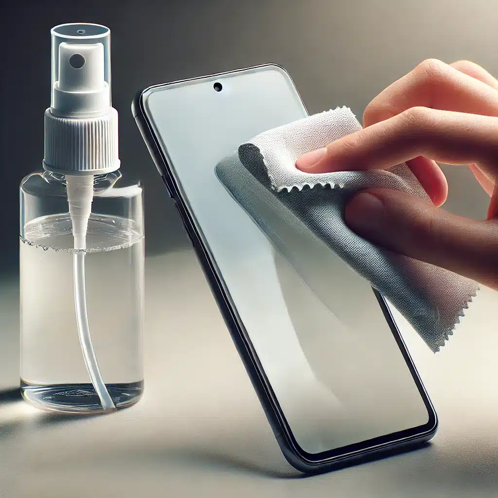 Limpieza de un protector de pantalla de vidrio templado con un paño de microfibra y solución suave. | Acrilfrasa