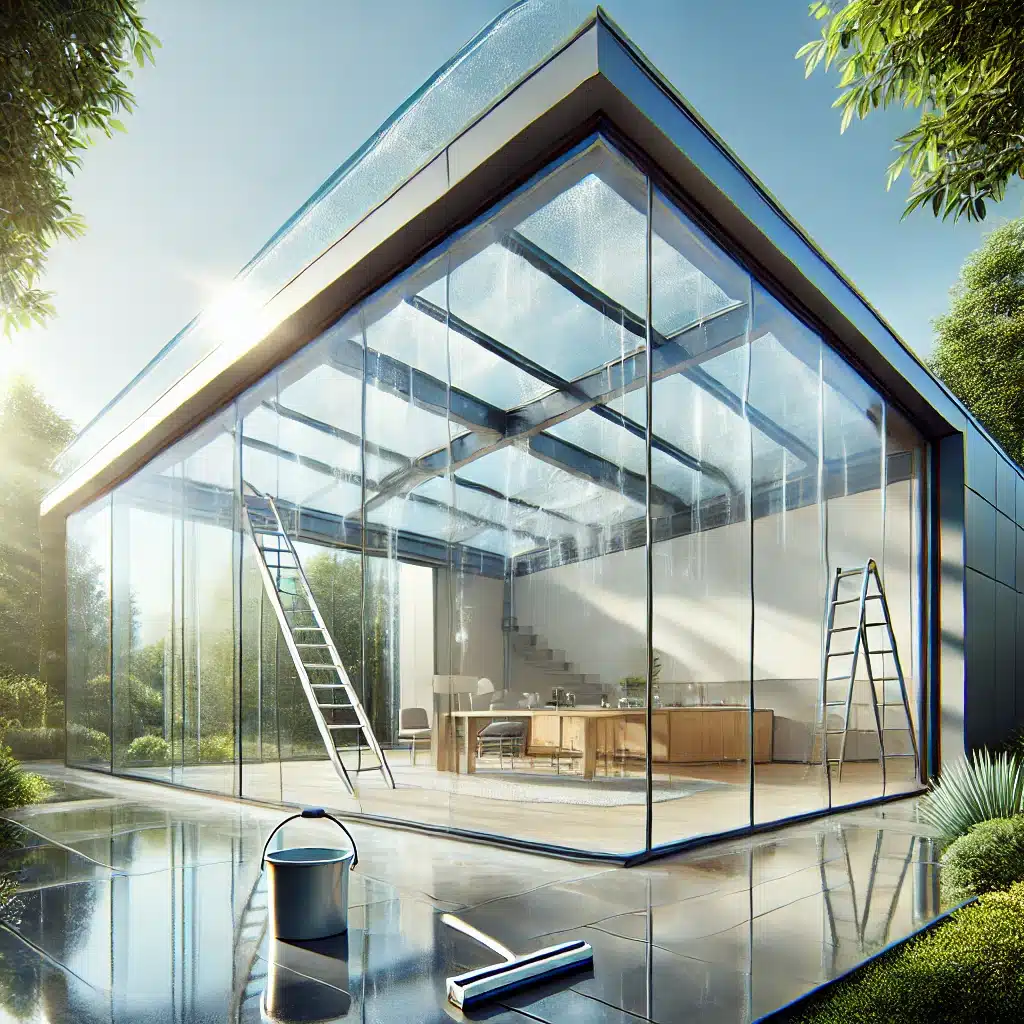 Mantenimiento de un techo de cristal templado en una casa moderna con herramientas de limpieza. Terraza de policarbonato con material de seguridad | Acrilfrasa