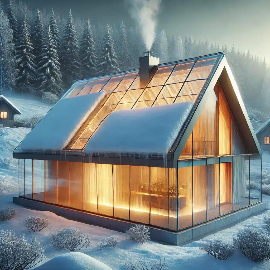 Casa moderna con techo de cristal templado aislado térmicamente en un paisaje invernal. | Acrilfrasa