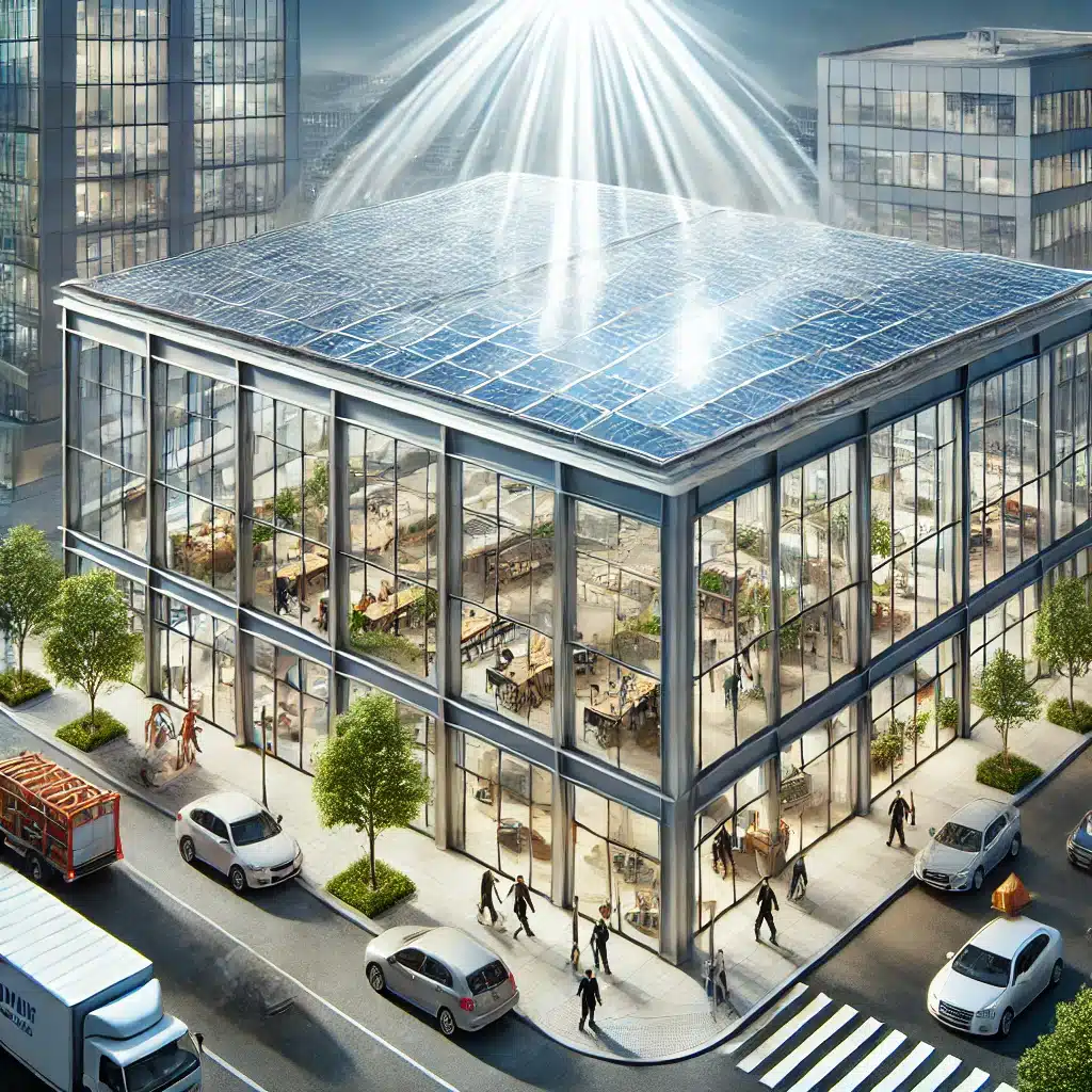 Edificio comercial moderno con techo de policarbonatos, resaltando luz natural y durabilidad | Acrilfrasa.