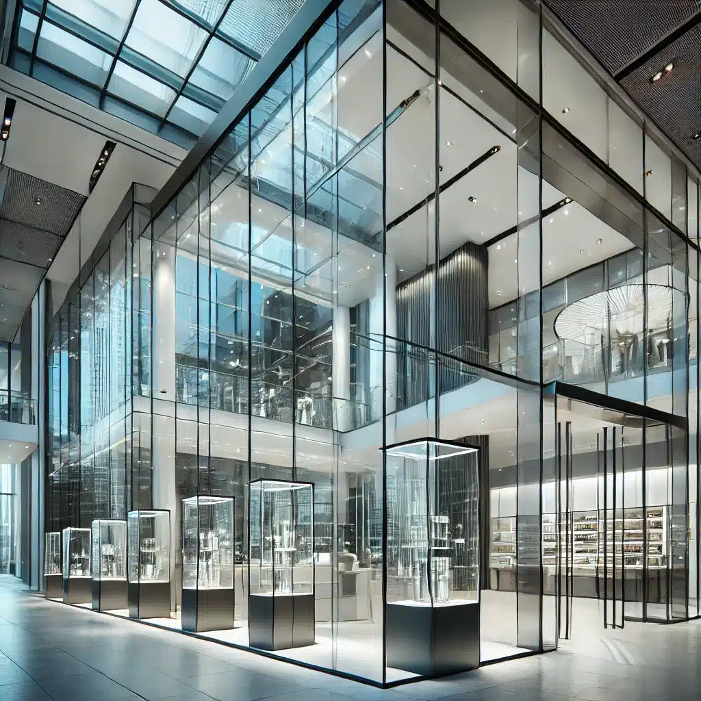 Edificio comercial moderno con ventanas y puertas de vidrios templado, destacando seguridad. Cinta vidrios templados acero inoxidable proceso producto construcción materiales espesor proyectos uno medidas equipo fabricación gracias aluminio junta dimensiones | Acrilfrasa