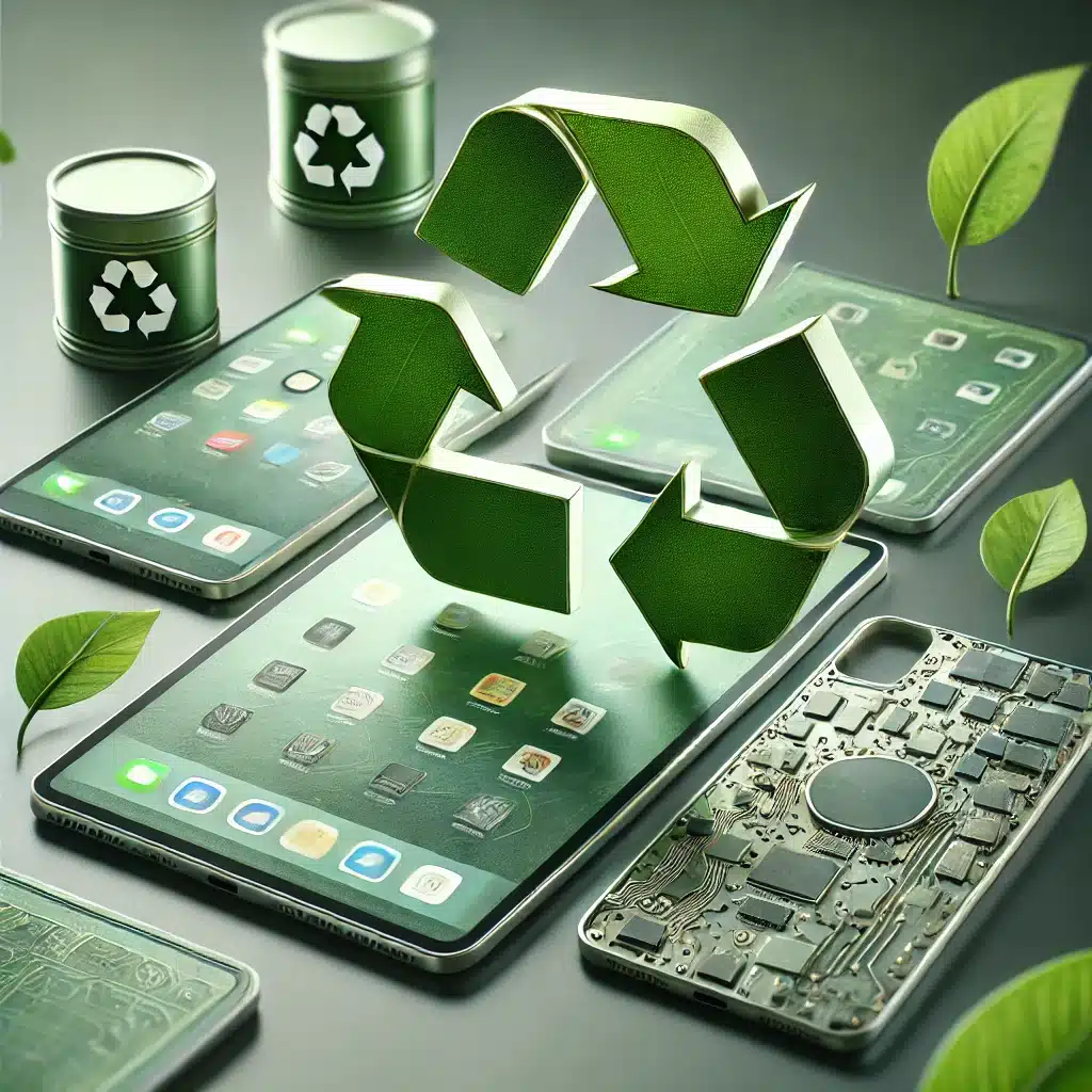 Dispositivos electrónicos de policarbonato con símbolos de reciclaje y hojas verdes en el fondo. Policarbonato PC y láminas de polímeros, requisitos para cosas de teléfonos móviles | Acrilfrasa.