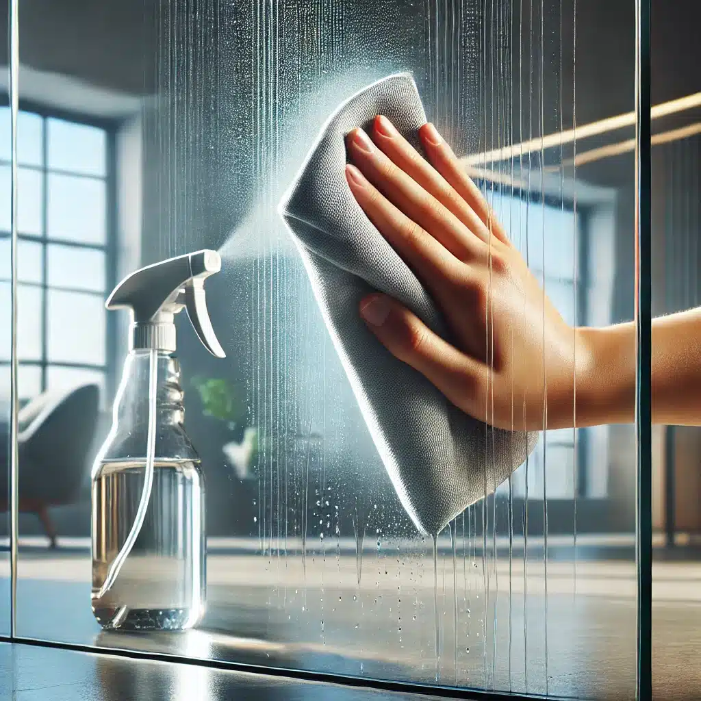 Mano limpiando cristal templado con spray especializado y paño en espacio moderno. Elementos de tecnología para cristales y rayos UV | Acrilfrasa